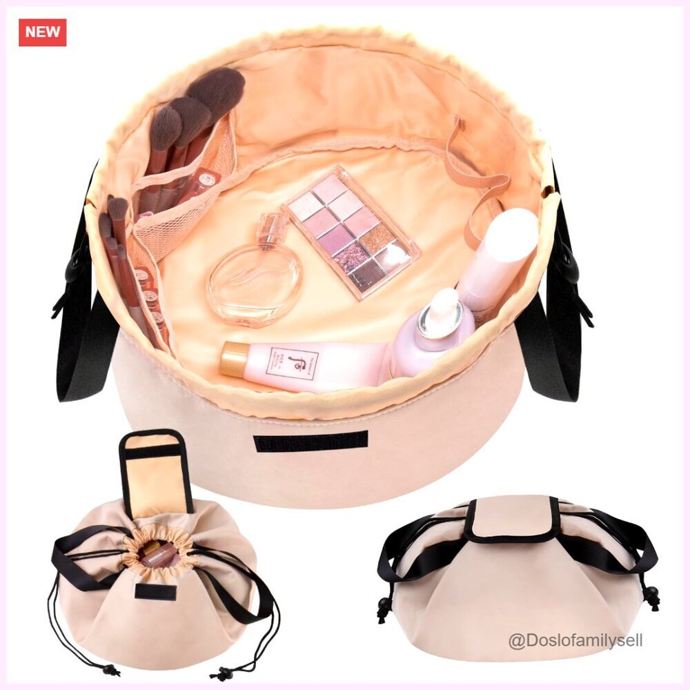 Nylon Barrel Drawstring Makeup Bag Large Travel Cosmetic Organizer